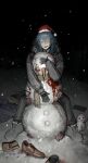  1boy blood blue_hair corpse death eyeball highres horror_(theme) huli_xiaobai jujutsu_kaisen long_hair mahito_(jujutsu_kaisen) sitting snow snowman solo stitched_face stitches 