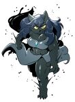 2025 4_toes 5_fingers anaugi anthro barefoot black_body black_fur blue_hair bottomwear canid canine canis claws clothed clothing crop_top feet female finger_claws fingers fist fur hair hi_res inner_ear_fluff long_hair looking_at_viewer mamma_jamma_(mepedrop) mammal midriff muscular muscular_female navel ruff shirt simple_background skirt solo toe_claws toes topwear tuft white_background wolf yellow_sclera
