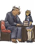 2010 anthro blue_eyes bottomwear bovid bovine brown_body brown_fur brown_hair cake cattle chair clothed clothing collar colored crossdressing dessert domestic_cat duo felid feline felis food fur furniture guide_lines hair hi_res hooves horn jeri_kleinlowe larger_male male mammal necktie simple_background sitting size_difference skirt smile suit table tail white_background
