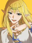  1girl bare_shoulders blonde_hair blue_eyes blush bridal_gauntlets collarbone dress earrings floating_hair hashtag-only_commentary highres hoop_earrings jewelry long_hair looking_at_viewer mia_ru1228 open_mouth pointy_ears princess_zelda simple_background smile solo teeth the_legend_of_zelda the_legend_of_zelda:_skyward_sword upper_teeth_only white_dress yellow_background 