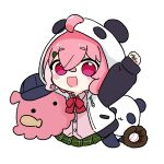  1girl :d ahoge animal animal_ears animal_hood arm_up ball baseball_(object) baseball_bat baseball_cap baseball_mitt black_hat blush_stickers bow chibi clenched_hands collared_shirt commentary dress_shirt fake_animal_ears green_nails green_skirt hair_between_eyes hair_ornament hairclip hat highres hood hood_up hooded_jacket jacket long_sleeves multicolored_hair nail_polish nijisanji nozo_(hitomiz) open_clothes open_jacket panda panda_ears panda_hood pink_hair pink_shirt plaid_clothes plaid_skirt pleated_skirt puffy_long_sleeves puffy_sleeves purple_eyes red_bow sasaki_saku sasaki_saku_(1st_costume) shirt simple_background skirt sleeves_past_wrists smile solo streaked_hair thick_eyebrows virtual_youtuber white_background white_jacket 