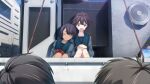  2boys 2girls :o angry arms_on_knees black_hair black_stripes blazer blue_sailor_collar bob_cut bow brown_eyes brown_hair buttons chest_bow child chuo_tanegashima_high_school_uniform chuo_tanegashima_high_winter_school_uniform closed_eyes collarbone daitoku_junna dark-skinned_female dark_skin fukuda_tomonori game_cg grey_jacket grey_shirt hair_between_eyes head_on_another&#039;s_shoulder high_ponytail highres jacket knees_up leaning_on_person leaning_to_the_side long_sleeves looking_at_another looking_at_viewer multiple_boys multiple_girls official_art open_mouth ponytail ponytail_with_braided_base red_bow robotics;notes sailor_collar school_uniform senomiya_akiho shiny_lips shiny_skin shirt short_hair shouting side-by-side sitting sleeping sleeping_on_person sleeping_upright v-shaped_eyebrows 