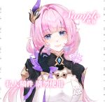  1girl artist_request blue_eyes breasts chinese_commentary commentary_request commission corset elf elysia_(honkai_impact) elysia_(miss_pink_elf)_(honkai_impact) highres honkai_(series) honkai_impact_3rd large_breasts long_hair looking_at_viewer pink_pupils pointy_ears sample_watermark shrug_(clothing) simple_background solo upper_body watermark white_background white_corset 