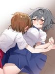  2girls accident akasaka_miyuki blue_bow blue_skirt blush bow breasts brown_hair fallen_down grey_hair hair_blush head_on_another&#039;s_chest heart highres higurashi_no_naku_koro_ni higurashi_no_naku_koro_ni_mei kimiyoshi_kazuho large_breasts lying ma_(aaayabaina111) motion_lines multiple_girls on_floor red_bow red_skirt school_uniform shirt short_hair skirt st._lucia_academy_school_uniform surprised sweat white_shirt yuri 