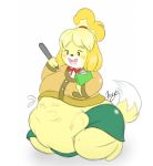  animal_crossing anthro belly big_belly body_outline bunearyk canid canine canis clothing domestic_dog face_imprint female female_pred hand_imprint hi_res imprint isabelle_(animal_crossing) mammal nintendo open_mouth oral_vore shih_tzu smile thick_thighs toy_dog video_games vore 