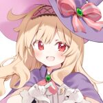  1girl :s bad_link blonde_hair bow cape flat_chest gloves hair_between_eyes hairband hat hat_bow hat_ribbon heart heart_hands little_witch_nobeta long_hair long_sidelocks lowres nobeta nobeta_(witch_skin) official_art open_mouth purple_cape purple_hat red_eyes red_hairband ribbon sidelocks simple_background solo upper_body white_gloves 