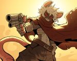 2025 american_opossum anthro arm_wraps belt bottomwear ceehaz chest_wraps claws cloak clothed clothing enkavis_(ignota) female finger_claws fur grey_body grey_fur gun hair handgun hi_res holding_gun holding_object holding_ranged_weapon holding_weapon hybrid light mammal marsupial murid murine pants ranged_weapon rat red_eyes red_sclera rodent short_hair solo sunlight tail virginia_opossum weapon white_hair wraps