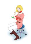  1girl belt blonde_hair blue_eyes blush boots breasts brown_boots chair commentary_request food full_body gundam highres ice_cream knee_boots lips long_sleeves looking_at_viewer military_uniform mobile_suit_gundam niina_akihiko pants pants_tucked_in pantyhose sayla_mass short_hair sitting solo white_pants white_pantyhose 
