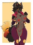 absurd_res anthro areola biped breasts canid canine clothed clothing female fur genitals hair hi_res mammal multicolored_body nipples pupils simple_background smile solo text thericegoat thick_thighs vulva