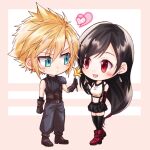  1boy 1girl arm_behind_back armor baggy_pants bare_shoulders belt belt_buckle black_gloves black_hair black_skirt black_sports_bra black_thighhighs blonde_hair blue_eyes blush boots breasts brown_boots buckle cloud_strife commentary_request couple crop_top earrings final_fantasy final_fantasy_vii final_fantasy_vii_remake fingerless_gloves flower full_body gloves heart highres holding holding_flower jewelry long_hair looking_at_another low-tied_long_hair medium_breasts midriff miniskirt mizuamememe multiple_belts navel open_mouth pants red_boots red_eyes ribbed_sweater shoulder_armor single_earring skirt sleeveless sleeveless_turtleneck spiked_hair sports_bra standing suspender_skirt suspenders sweatdrop sweater swept_bangs tank_top teardrop_earrings thighhighs tifa_lockhart turtleneck turtleneck_sweater white_tank_top yellow_flower zettai_ryouiki 