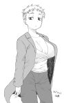  1girl arms_at_sides black_hair breasts collarbone cowboy_shot dated ear_piercing earrings facing_viewer greyscale jacket jewelry large_breasts long_sleeves looking_down monochrome original pants piercing shirt short_hair sidelocks signature simple_background single_earring standing suit_jacket tsukudani_(coke-buta) very_short_hair white_background 