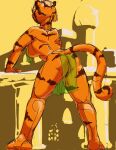 anthro arabian_clothing breasts building butt clothed clothing feet felid female fur hi_res jeri_kleinlowe macro mammal middle_eastern_architecture mostly_nude nipples orange_body orange_fur outside pantherine rear_view skimpy solo striped_body striped_fur stripes tail tiger
