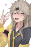  1girl aqua_eyes armband blonde_hair cum cum_on_body cum_on_fingers cum_string eru_aise gyaru heart highres jewelry kasukabe_tsumugi kogal long_hair nail_polish necklace necktie solo tongue tongue_out voicevox white_background 