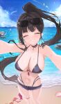  1girl ^_^ absurdres bare_shoulders beach bikini bilingual_text black_bikini blue_archive blush breasts cleavage closed_eyes commentary crab english_commentary eyewear_on_head flying_sweatdrops grin highres large_breasts long_hair mixed-language_text navel no_halo ocean outdoors ponytail rio_(blue_archive) rosumini seashell shell shorts smile solo sunglasses swimsuit very_long_hair 