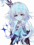  1girl aqua_eyes bare_shoulders blue_bow blue_gemstone blunt_bangs bow cerydra_(honkai:_star_rail) collared_shirt commentary_request crown detached_sleeves diamond-shaped_pupils diamond_(shape) gem hair_ornament head_tilt highres honkai:_star_rail honkai_(series) long_hair long_sleeves parted_lips sh_senni shirt simple_background sketch sleeveless solo symbol-shaped_pupils upper_body wavy_hair white_background white_hair 