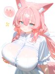  1girl absurdres animal_ear_fluff animal_ears blue_eyes blush breasts dress emirisu fox_ears fox_girl fox_tail hair_between_eyes highres huge_breasts indie_virtual_youtuber long_hair low_ponytail mochiimochii_(vtuber) pink_hair ponytail puffy_short_sleeves puffy_sleeves short_sleeves sidelocks simple_background smile solo tail upper_body virtual_youtuber white_background white_dress 