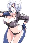  1girl angel_(kof) blue_eyes blue_gloves breasts chaps cleavage collarbone eyelashes fingerless_gloves gloves hair_over_one_eye hand_on_own_ass highres ikaringo_(ikaringo4444) looking_to_the_side navel panties short_hair smile solo stomach the_king_of_fighters tongue tongue_out underwear white_background white_hair 