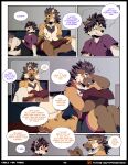 5_fingers anthro anthro_on_anthro aycee bed ben_(roanoak) blush bodily_fluids brown_body brown_fur brown_hair canid canine canis clothed clothing comic dialogue duo english_text female fingers fluffy fluffy_tail fur furniture hair hi_res husband_and_wife male male/female mammal maned_wolf married_couple orange_body orange_fur pillow red_eyes sandra_(roanoak) sweat tail text topless url white_body white_fur wolf