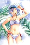  1girl ;d alternate_costume bikini blue_bikini blue_eyes blue_hair breasts commentary_request fire_emblem fire_emblem:_the_binding_blade grey_bikini halterneck hand_on_own_hip looking_at_viewer one_eye_closed open_mouth shanna_(fire_emblem) short_hair side-tie_bikini_bottom small_breasts smile solo swimsuit thighs usachu_now 