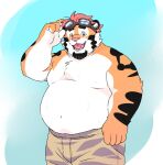 2025 anthro belly big_belly bottomwear clothing felid hi_res inunoshippo kemono male mammal moobs open_mouth overweight overweight_male pantherine pink_nose shorts simple_background smile solo tiger