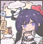  1girl azur_lane black_dress blue_flower breasts cellphone character_name chibi chibi_only cleavage commentary dress flower futaba_(anti_clockwise) hair_ornament hair_ribbon heart heart_hair_ornament holding holding_phone large_breasts liverpool_(azur_lane) long_sleeves manjuu_(azur_lane) phone purple_eyes purple_hair purple_ribbon ribbon selfie smartphone symbol-only_commentary taking_picture two-tone_dress v white_dress wide_sleeves 