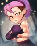  1girl absurdres amba_si amity_blight biceps black_tank_top blush brown_hair dumbbell earrings exercising fingerless_gloves gloves gym hair_ornament hair_scrunchie highres holding holding_dumbbell jewelry multicolored_hair muscular muscular_female pants pointy_ears ponytail purple_hair roots_(hair) scrunchie sweat sweatpants tank_top the_owl_house toned yellow_eyes 