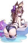  1girl animal_ears ass ass_focus back bikini black_bikini bow bowtie brown_hair crown drink fox_ears fox_girl highres horse hot_vr indie_virtual_youtuber inflatable_toy innertube multicolored_hair purple_eyes swim_ring swimsuit 