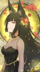  1girl :o absurdres animal_ear_fluff animal_ears black_choker black_dress black_hair blunt_bangs breasts chain choker cleavage commentary_request dress facing_to_the_side flower fox_ears fox_girl from_side gold_buckle gold_chain hair_flower hair_ornament highres hoshimi_miyabi jewelry kurone_sc light_particles long_hair looking_at_viewer medium_breasts pendant pendant_choker red_eyes red_flower see-through_cleavage see-through_clothes see-through_dress see-through_sleeves sidelocks strapless strapless_dress upper_body zenless_zone_zero 
