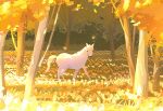  animal animal_focus artist_name autumn_leaves bug butterfly day deer forest from_side grass huhv. leaf nature no_humans original outdoors scenery sunlight tree wolf yellow_theme 