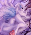 9_tails all_fours alolan_form alolan_ninetales anthro anus aroused blue_body blue_eyes blue_fur branch butt canid canine cheek_tuft claws colored facial_tuft female fluffy fluffy_hair fluffy_shoulders fluffy_tail forest forest_background fox fox_spirit fur generation_7_pokemon genitals hair hand_on_object happy hi_res joeumbre light lighting long_hair looking_back mammal multi_tail nature nature_background nintendo open_mouth pawpads plant pokemon pokemon_(species) pokemorph presenting presenting_hindquarters regional_form_(pokemon) shaded smile smiling_at_viewer snow solo tail tree tuft vaginal vulva white_body white_fur