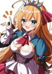  1girl absurdres ahoge blue_eyes breasts buttons cleavage dated double-breasted gloves hair_between_eyes highres huge_ahoge large_breasts long_hair looking_at_viewer orange_hair overskirt pecorine_(princess_connect!) princess_connect! signature simple_background smile solo white_background white_overskirt yanapy 