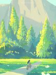  1girl artist_name bicycle bird black_hair bug butterfly day grass huhv. long_hair mountain nature original outdoors riding riding_bicycle road scenery shirt sky solo tree white_shirt 