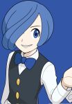  1boy black_vest blue_background blue_bow blue_bowtie blue_eyes blue_hair bow bowtie collared_shirt commentary_request cress_(pokemon) grin hair_over_one_eye hand_up happy highres long_sleeves male_focus nakikot_t pokemon pokemon_bw shirt short_hair simple_background smile solo teeth vest white_shirt 