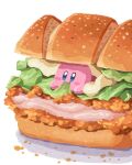  blue_eyes blush_stickers commentary_request eating food food_focus highres in_food kirby kirby_(series) lettuce meat miclot no_humans sandwich simple_background white_background 