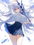  1girl alternate_costume blue_bow blue_bowtie blue_shirt bow bowtie breasts closed_mouth commentary cowboy_shot genshin_impact grey_hair hair_between_eyes hair_spread_out highres holding holding_sword holding_weapon large_breasts long_hair looking_at_viewer pink_eyes shirt shirt_tucked_in skirk_(genshin_impact) solo sword thighs umamipesto very_long_hair weapon white_shirt 