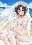  1girl absurdres aburi-gatana antenna_hair arm_up bare_shoulders beach bikini black_eyes black_hair blush bow breasts bridal_bikini bridal_lingerie bridal_swimsuit bridal_veil bride collarbone day elbow_gloves flower frilled_thigh_strap gloves head_wreath highres idolmaster idolmaster_(classic) kikuchi_makoto lingerie looking_at_viewer navel nontraditional_wedding_dress open_mouth outdoors short_hair single_thighhigh sitting small_breasts solo strapless strapless_bikini swimsuit thigh_strap thighhighs underwear veil white_bikini white_bow white_flower white_gloves white_thighhighs 