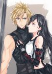  1boy 1girl absurdres bare_shoulders black_gloves black_hair black_skirt blonde_hair blue_eyes breasts closed_mouth cloud_strife commentary_request crop_top earrings elbow_gloves final_fantasy final_fantasy_vii final_fantasy_vii_remake fingerless_gloves gloves hair_between_eyes hand_on_another&#039;s_back hand_on_another&#039;s_chest highres holding holding_sword holding_weapon jewelry light_blush long_hair looking_at_another looking_at_viewer medium_breasts midriff mizuamememe protecting red_eyes single_arm_guard single_bare_shoulder single_earring skirt sleeveless sleeveless_turtleneck spiked_hair suspender_skirt suspenders sweater sword tank_top tifa_lockhart turtleneck turtleneck_sweater upper_body weapon white_tank_top 