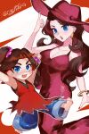  barefoot blue_eyes bracelet breasts brown_hair cleavage denim donkey_kong_(series) donkey_kong_bananza dress dual_persona freckles hair_ornament hair_scrunchie hanaon hat highres jeans jewelry looking_at_viewer mario_(series) pants pauline_(mario) red_dress red_hat scrunchie smile super_mario_odyssey topknot 
