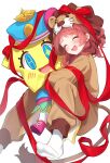  1girl :d ^_^ animal_costume blush bow brown_hair chobi_(penguin_paradise) closed_eyes commentary_request gakuen_idolmaster hanami_saki highres hood hood_up idolmaster lion_costume no_shoes red_bow red_ribbon ribbon simple_background smile socks solo white_background white_socks 