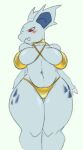 anthro anthrofied bikini blush breasts clothing fangs female generation_1_pokemon gold_bikini jizzus lilly_(jizzus) nidorina nintendo nipple_outline pokemon pokemon_(species) pokemorph red_eyes solo spines swimwear teeth thick_thighs two-piece_swimsuit