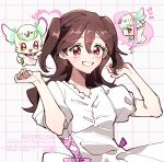  1girl artist_logo artist_name blush brown_hair collarbone column column_lineup dress feelthehadou grid_background hands_up heart holding holding_own_hair idol kimi_to_idol_precure logo long_hair musical_note parted_bangs pillar precure puffy_dress puffy_short_sleeves puffy_sleeves purirun_(precure) red_eyes ribbon sakura_uta_(precure) short_sleeves smile solo solo_focus speech_bubble thought_bubble twintails upper_body watermark white_dress 