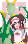  1girl :d affectionate blue_eyes blush bright_pupils brown_hair clenched_hand commentary_request double_bun eyelashes hair_bun hands_up happy heart highres long_hair nakikot_t open_mouth pink_background pokemon pokemon_(creature) pokemon_bw2 raglan_sleeves rosa_(pokemon) serperior shirt shorts smile twintails visor_cap white_pupils yellow_shorts 