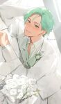  1boy :d blush bouquet coat collarbone_peek cove_holden flower flower_pin green_eyes green_hair green_shirt grin leaning_on_self looking_at_viewer lying male_focus on_bed on_side our_life:_beginnings_and_always ryuuieu shirt short_hair smile solo sunlight swept_bangs tuxedo upper_body white_background white_coat 