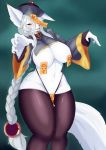  2019 anthro big_breasts blush breasts canid canine clothed clothing curvy_figure female fur hair hi_res kemono legwear looking_at_viewer mammal skulkers solo thick_thighs thigh_highs voluptuous wide_hips 