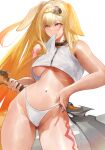  1girl absurdres animal_ears arknights bare_shoulders blonde_hair blue_eyes blush brigid_(arknights) cropped_shirt english_commentary gradient_hair highres holding holding_weapon leg_tattoo long_hair looking_at_viewer mouth_hold multicolored_hair navel orange_hair panties shirt side-tie_panties simple_background sleeveless sleeveless_shirt solo tattoo underwear weapon white_background white_panties white_shirt yuki_flourish 