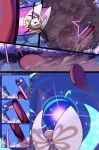 absurd_res ambiguous_gender angry antennae_(anatomy) arthropod back_tuft blue_sky boulder brown_antennae brown_scarf clenched_teeth comic cuchuflin curled_up day dirt dodging duo dust_cloud earpiece energy_manipulation exclamation_point feral flying forest forest_background frida_(cuchuflin) generation_5_pokemon generation_7_pokemon grass hi_res holding_energy insect insect_wings jumping markings moonblast motion_blur motion_path motion_trail mountain_background nature nature_background nintendo pink_leaves pixie plant pokemon pokemon_(species) pokemon_battle purple_markings red_body ribombee rock rolling scarf scolipede shrub sky steamroller teeth tree tuft white_body white_tuft wings yellow_body