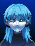  1boy absurdres artificial_eye black_background black_shirt blue_background blue_eyes blue_hair chromatic_aberration commentary cracked_mask ear_piercing earrings english_commentary expressionless gradient_background highres jewelry kanoshu_baki long_hair looking_at_viewer male_focus piercing portrait sal_fisher sally_face shirt solo white_mask 