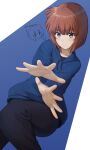  1girl aizawa_eiko black_pants blue_hoodie blush brown_eyes brown_hair closed_mouth collarbone feet_out_of_frame highres hood hoodie kurumimi_birb looking_at_viewer outstretched_arms pants shinryaku!_ikamusume short_hair solo 