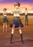  1boy 2girls absurdres adjusting_eyewear bare_legs belt black_hair black_socks blue_bow blue_skirt blue_stripes bob_cut bow breasts brown_eyes brown_hair brown_shoes chest_bow chuo_tanegashima_high_school_uniform clenched_hands clothes_lift cloud cloudy_sky confident cropped_shirt daitoku_junna dark-skinned_female dark_skin floating_clothes fukuda_tomonori full_body game_cg glasses grass grey_eyes hair_between_eyes hidaka_subaru high-waist_skirt high_ponytail highres holding holding_tablet_pc kneehighs loafers looking_at_viewer multiple_girls official_art orange_sky orange_theme outdoors pink_shoes pleated_skirt ponytail ponytail_with_braided_base purple_sky robotics;notes sailor_collar school_uniform senomiya_akiho shirt shoes short_hair short_sleeves skirt skirt_lift sky small_breasts smile sneakers socks spread_legs sunset tablet_pc thighs tree twilight v-shaped_eyebrows white_sailor_collar white_shirt white_socks worried 