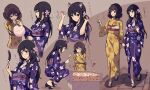  2girls animal_ears bag black_hair blue_kimono blush brown_eyes brown_hair cat_ears closed_eyes closed_mouth commentary cotton_candy eating fake_animal_ears festival fish floral_print flower food geta goldfish hair_flower hair_ornament hand_up hands_up hibike!_euphonium highres holding holding_food japanese_clothes kimono kousaka_reina lie_lack1080 long_hair long_sleeves medium_hair multiple_girls multiple_views obi open_mouth oumae_kumiko print_kimono purple_eyes purple_kimono sandals sash smile squatting standing summer_festival translated wide_sleeves yellow_kimono yukata yuri zouri 